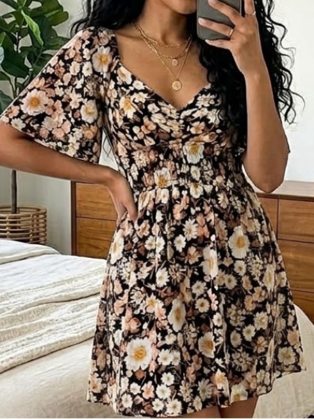Abercrombie & Fitch Angel Sleeve Smocked Waist Floral Crinkle Mini Dress